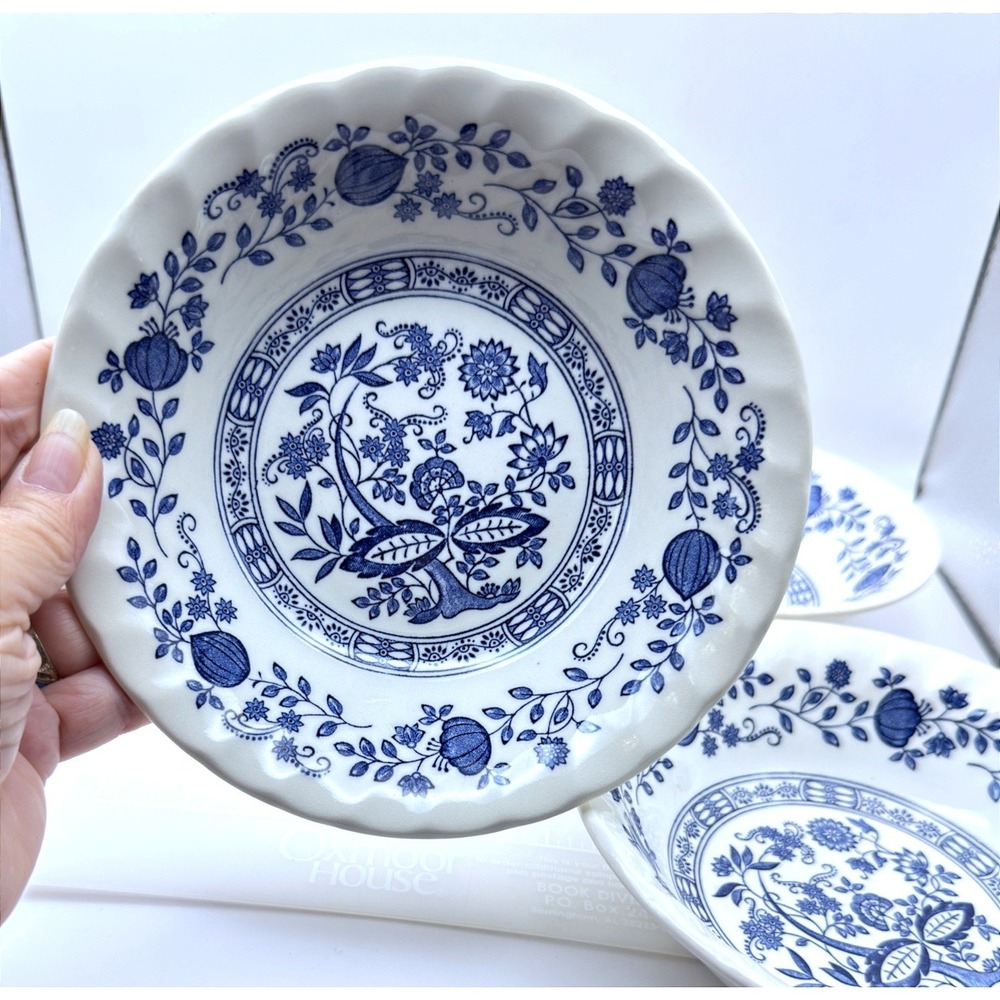 1980s Myott Meakin Blue Onion Nordic Set of 4 Cereal Individual Size Bowls 6.5" - Picture 4 of 8
